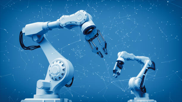 Robotic Arms Technology Background Robotic arms, factory 4.0 and technology background. industrial robot stock pictures, royalty-free photos & images