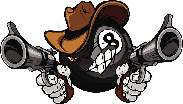 Billiards Pool Eight Ball Shootout Cartoon Cowboy Cartoon image of a Billiards Eightball with a face and cowboy hat holding and aiming guns pool at the crook stock illustrations