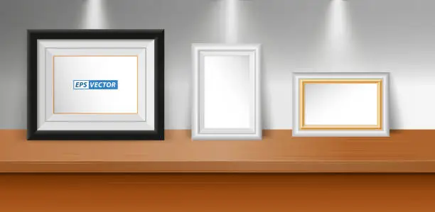 Vector illustration of set of realistic blank photo frame on table or blank picture frame with down light or mock up frame poster exhibition concept. eps vector