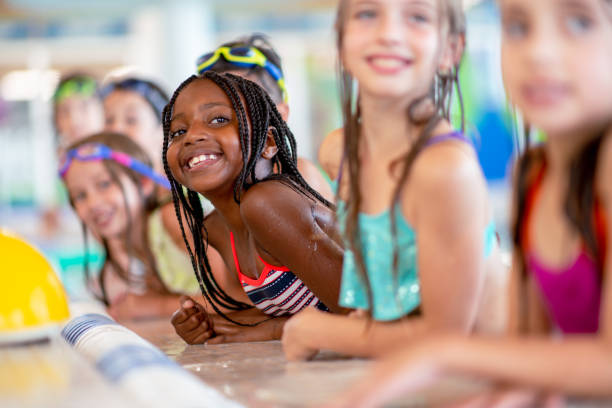 Diverse group of children during swimming class