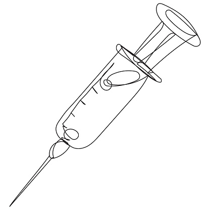 Syringe with medicine in one line on a white background. Stock illustration of vaccine injection.
Vector outline of a syringe injection.