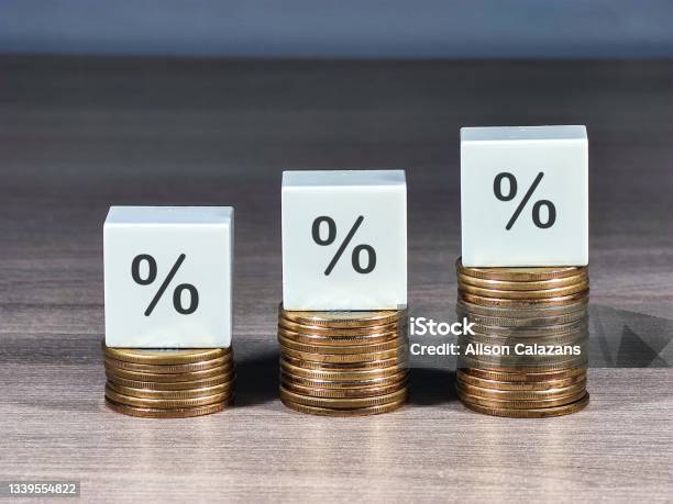 Blocks With Percentage Symbol On Heap Coins Stair Increase Percentage On Increase Money Stock Photo - Download Image Now