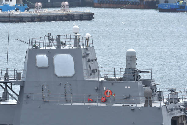 Kanagawa, Japan - May 30, 2021:Japan Maritime Self-Defense Force FCS-3A active electronically scanned array (AESA) radar and Phalanx close-in weapon system (CIWS) on JS Teruzuki (DD-116).