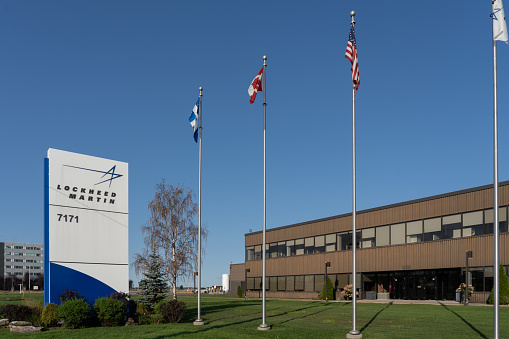 Montreal, QC, Canada - September 4, 2021: Lockheed Martin 
Commercial Engine Solutions facility in Montreal, QC, Canada. 
Lockheed Martin is an American aerospace company.