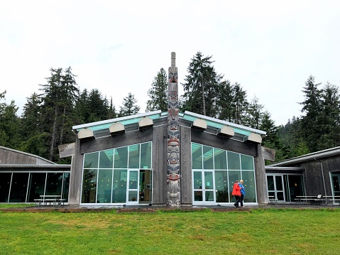 Skidegate, Haida Gwaii, British Columbia, Canada - September 1st, 2021: A photo of the beautiful Haida Cultural centre, a great attraction for locals and tourists to learn Haida culture, in BC, Canada