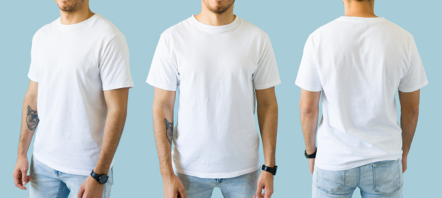Crop view of a latin young man showing the front, back and side print design on a mock-up white t-shirt