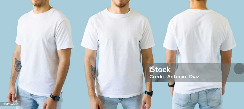 Attractive man with a mock up t shirt Crop view of a latin young man showing the front, back and side print design on a mock-up white t-shirt Front View Stock Photo