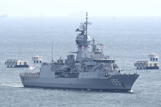 Royal Australian Navy HMAS Parramatta (FFH-154), Anzac-class frigate. Kanagawa, Japan - May 30, 2021:Royal Australian Navy frigate HMAS Parramatta (FFH-154) entering Yokosuka Port in Japan. australian navy stock pictures, royalty-free photos & images