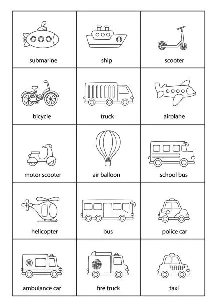 Vector illustration of Cartoon transportation means with names in English.