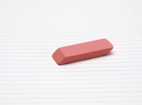 Close up of an eraser on loose leaf lined paper.