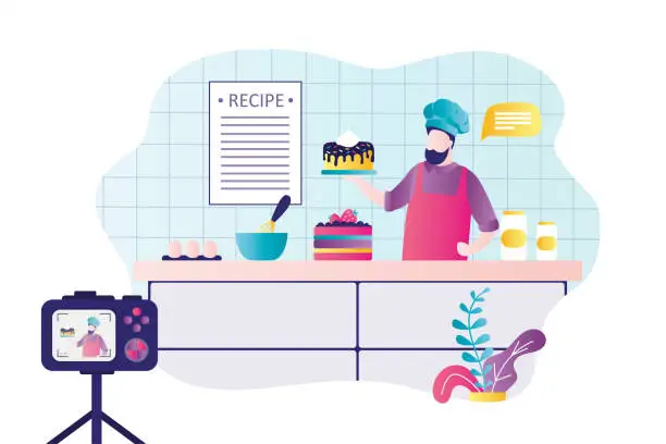 Vector illustration of Chef filming process of preparing different cakes. Man in uniform cooking in kitchen. Male character records content for blog. Online cooking.