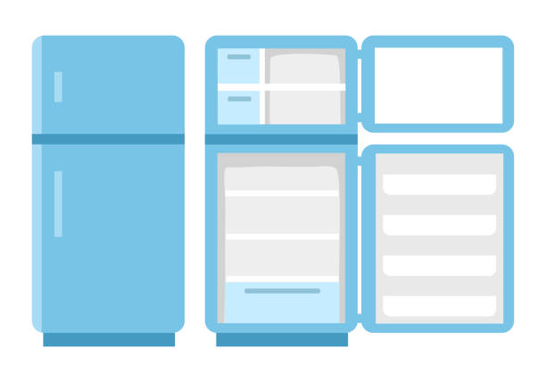 冷蔵庫は、白い背景にオープンとクローズコンセプトベクトルのイラスト。フラットなデザインの空の冷蔵庫。 - white background horizontal close up vegetable点のイラスト素材／クリップアート素材／マンガ素材／アイコン素材
