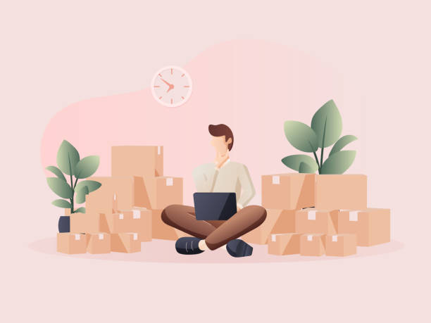 Man packing for online delivery. Flat design Illustration about online shopping. small business owner on computer stock illustrations