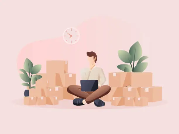 Vector illustration of Man packing for online delivery.