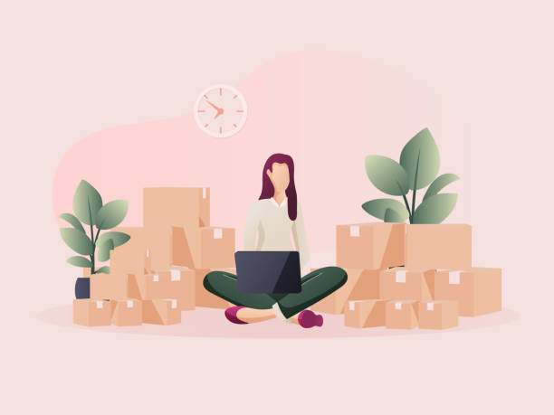 Woman packing for online delivery. Flat design Illustration about online shopping. small business owner stock illustrations