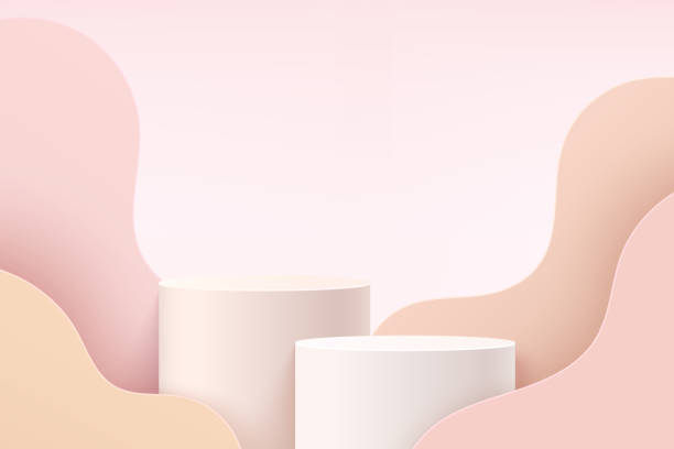 추상 흰색과 핑크 3d 실린더 받침대 또는 레이어 물결 모양의 배경으로 연단을 서있습니다. 화장품 디스플레이 프리젠 테이션을위한 고급 라이트 핑크 미니멀 한 장면. 벡터 기하학적 렌더링 플� - light effect illustrations stock illustrations