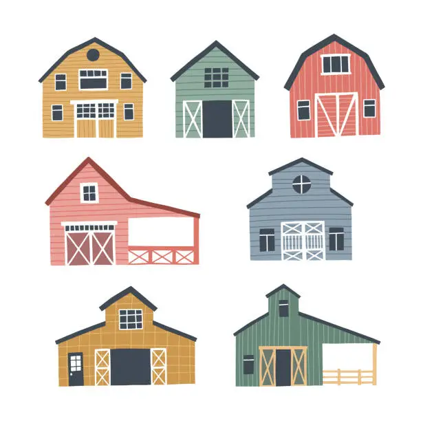 Vector illustration of Set of cute barns. HAnd drawn vector illustration for map or farm