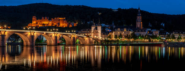 Heidelberg old town panorama view Heidelberg during blue hour in the evening heidelberg germany stock pictures, royalty-free photos & images