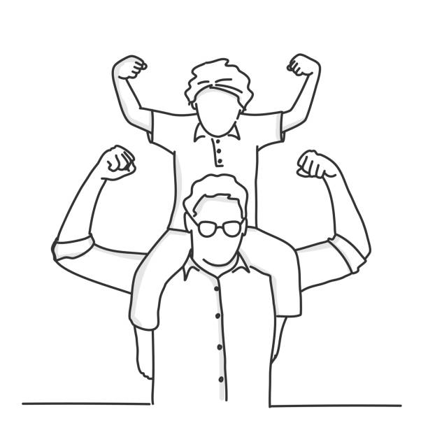 Boy sits on shoulders, dad and son show a gesture of strength. Boy sits on shoulders, dad and son show a gesture of strength. Hand drawn vector illustration. Black and white. father stock illustrations