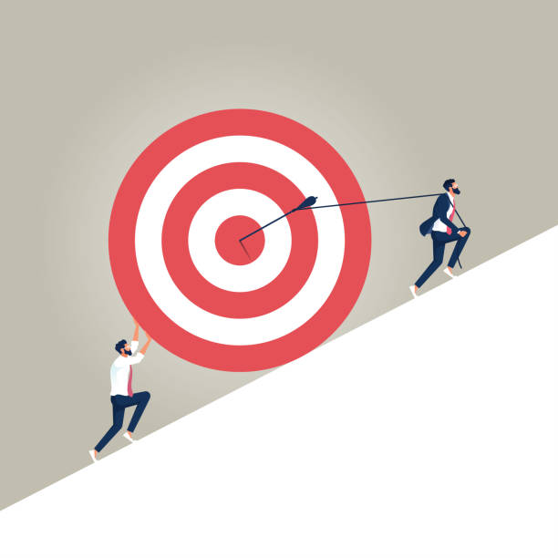 Business target concept Group of businessmen pulling up target with arrow as symbol of success, hard work, solving the problem and high professional achievements target acquisition stock illustrations