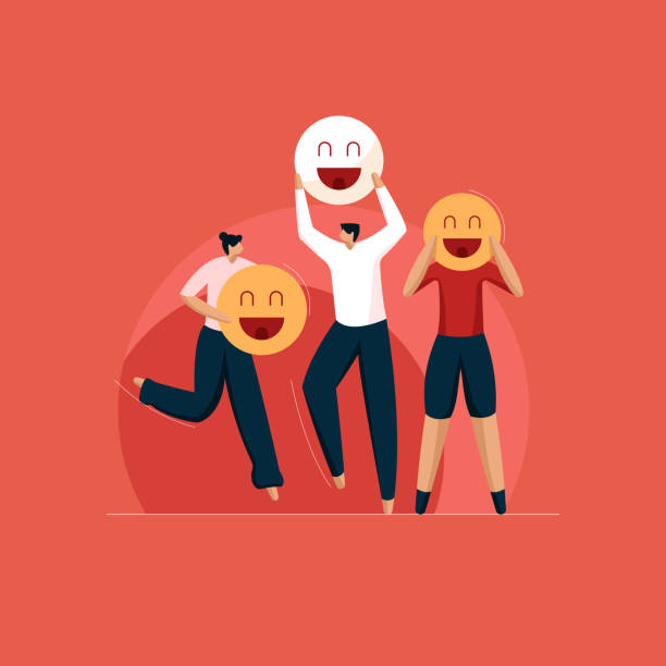 menschen mit smiley emoji, internationaler tag des glücks vektor illustration - lachen stock-grafiken, -clipart, -cartoons und -symbole