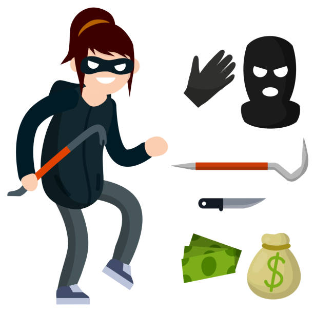 Thief with crowbar. Female offender sneaks. Cartoon flat illustration. Criminal problem. Woman robber in black with mask. Set of object - bag, money, knife Thief with crowbar. Female offender sneaks. Cartoon flat illustration. Criminal problem. Woman robber in black with mask cartoon burglar stock illustrations