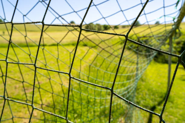 istock Goal net with a hill and a nice blue sky in the background 1339597029