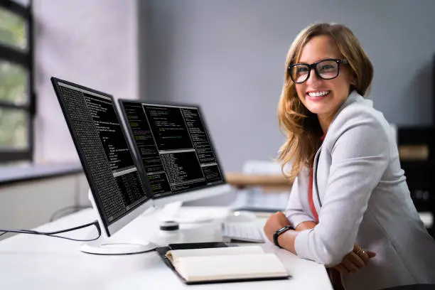 Developer Programmer Woman Coding Software On Computer