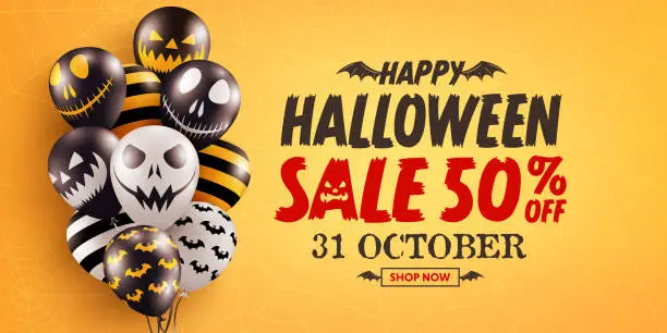 Vector illustration of Halloween Sale Promotion Poster or banner with Halloween Ghost Balloons on Orange background.Scary air balloons.Website spooky,Background or banner Halloween template.