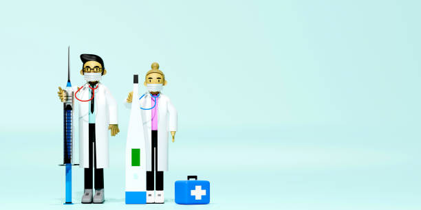 istock Two doctors wearing masks on stethoscopes are standing holding syringes and thermometers. 1339608599