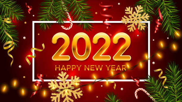 istock New Years and Christmas red background with golden numbers 2022, realistic pine branches, candy, glitter gold snowflakes and tinsel. New Years and Christmas holiday event party decor 1339610597