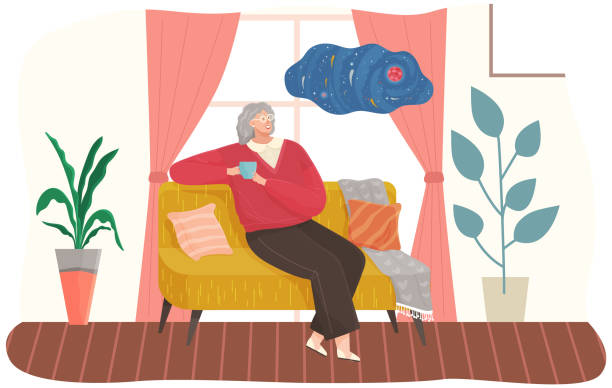 Adult woman sitting on couch at home drinking coffee resting after work, thinking about something Adult woman sitting on couch at home drinking coffee resting after work, thinking about something. Female character stay in apartment sitting on sofa, drinking tea, enjoying free time, dreaming tired woman coffee stock illustrations