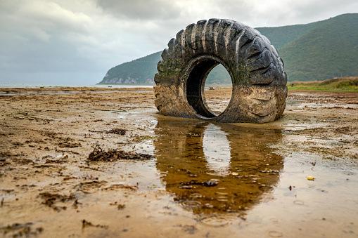 Close up shot of an enormous truck tire stuck in a mud - environmental disaster. No people