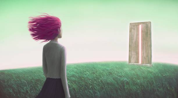 istock Surreal artwork ,Hope success ambition dream and freedom concept, young woman alone with magic door in grass field, painting illustration, imagination art 1339615187