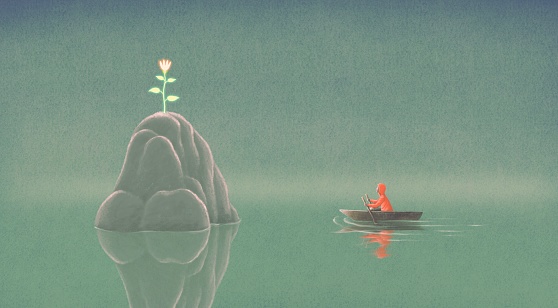 hope dream and life concept surreal artwork, man on a boat with flower on island, painting illustration, imagination art