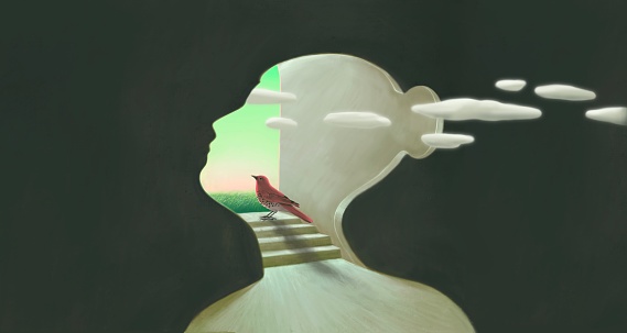 Conceptual illustration, Bird looking at the sky in woman head, imagination hope dream and ambition concept art, painting artwork, surreal portrait