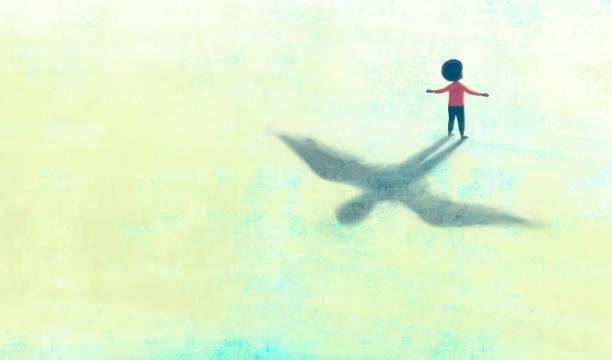 Illustration of lonely boy with bird wing shadow, surreal painting, concept art, conceptual idea of freedom hope and imagination Illustration of lonely boy with bird wing shadow, surreal painting, concept art, conceptual idea of freedom hope and imagination sad african child drawings stock illustrations