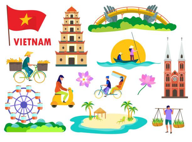 People and symbols of Vietnam vector illustrations set People and symbols of Vietnam vector illustrations set. ASEAN country, Golden Bridge in Da Nang city, Vietnamese pagoda, outdoor activities isolated on white background. Traveling, culture concept vietnam stock illustrations