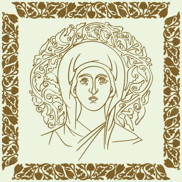 Vector illustration of byzantine icon virgin deva divine paper style art vector illustration with floral ornament decoration