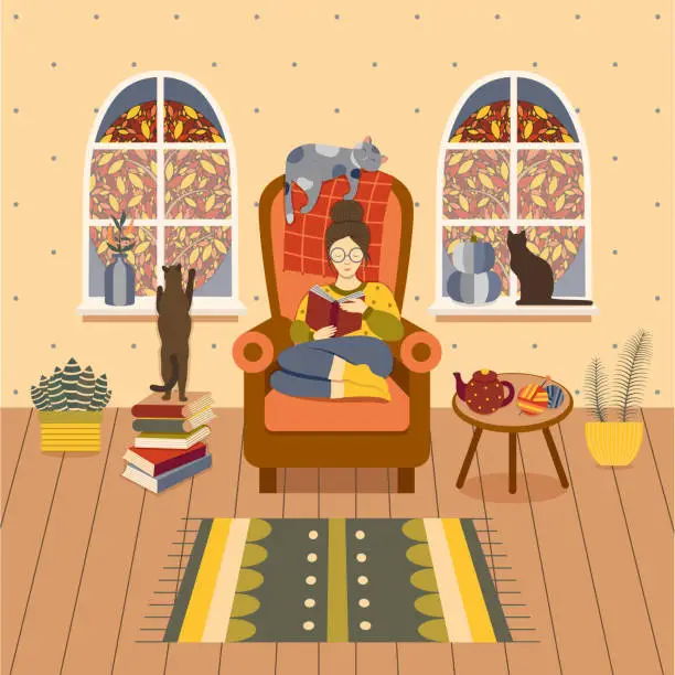 Vector illustration of Autumn Girl on Cozy Reading at Home
