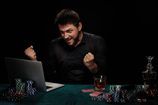 Bearded online casino player man celebrating victory