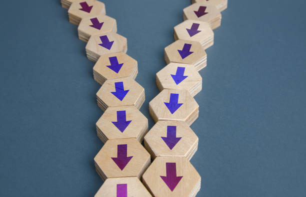 istock Arrow chains reunited into one. Integration acquisition. Consolidation, cooperation, organization. Merge. Pooling efforts, concentration resources. Synchronization of processes in business production. 1339618709