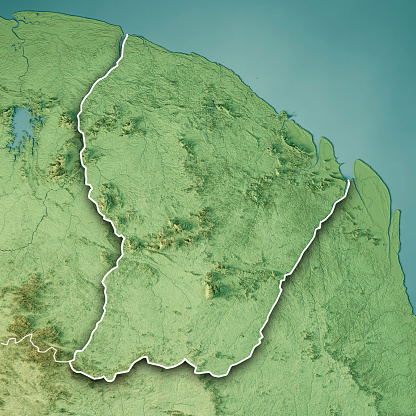 3D Render of a Topographic Map of French Guiana. Version with Country Boundaries.\nAll source data is in the public domain.\nColor texture: Made with Natural Earth. \nhttp://www.naturalearthdata.com/downloads/10m-raster-data/10m-cross-blend-hypso/\nRelief texture: NASADEM data courtesy of NASA JPL (2020). URL of source image: \nhttps://doi.org/10.5067/MEaSUREs/NASADEM/NASADEM_HGT.001\nWater texture: SRTM Water Body SWDB:\nhttps://dds.cr.usgs.gov/srtm/version2_1/SWBD/\nBoundaries Level 0: Humanitarian Information Unit HIU, U.S. Department of State (database: LSIB)\nhttp://geonode.state.gov/layers/geonode%3ALSIB7a_Gen