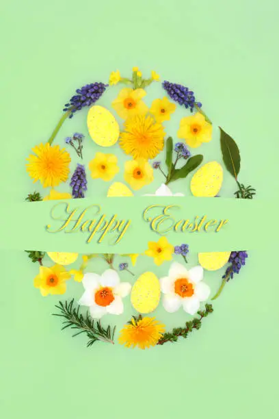 Happy Easter abstract egg shape with flowers, decorative eggs, spring flowers and leaf sprigs with banner text on pastel green background.