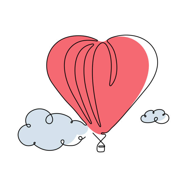 Continuous line drawing of pink air Balloon in clouds. Continuous line drawing of pink air Balloon in clouds. Happy holiday with the air balloon. Isolated illustration for Valentine's day or Wedding. Vector Shape of a heart. hot air balloon wedding invitations drawing stock illustrations
