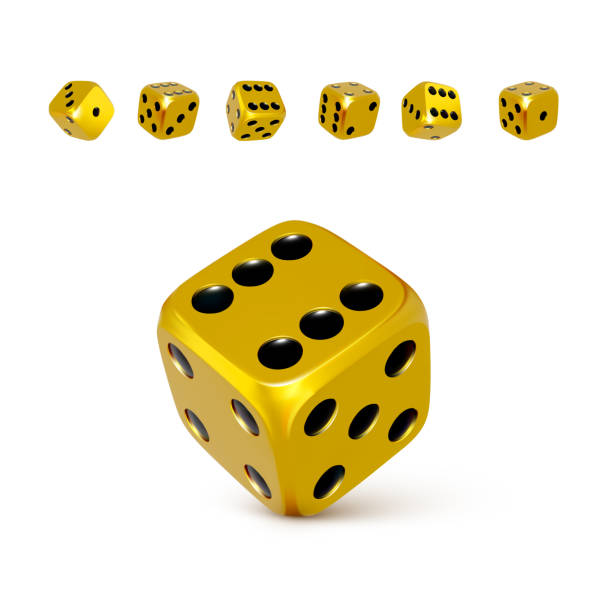 ダイス。黒い点を持つ3d黄金または黄色のがらくたのセット。カジノをプレイし、ジャックポットを獲得。ベクトル - dice cube number 6 luck点のイラスト素材／クリップアート素材／マンガ素材／アイコン素材