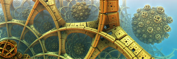 istock Golden 3D construction and structures, abstract fantastic shapes of ancient civilization architecture 1339624785