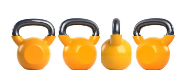 Yellow kettlebells isolated on white background. Fitness, sport training and lifting concept. Gym equipment. Workout tools. View from all sides. 3d rendering illustration