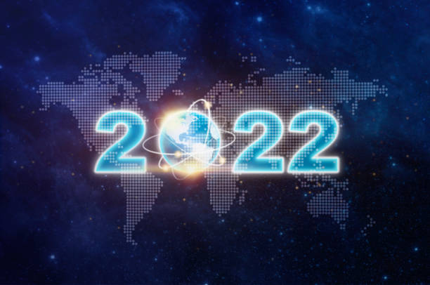 Happy New Year 2022 text design on world map, star, space. Happy New Year 2022 and earth sign over world map on star flied in night sky show World economy, Business plan, 2022 Business Growth concept feliz año nuevo 2022 y signo de tierra sobre el mapa del mundo en el cielo nocturno muestran economía mundial, plan de negocios, concepto de crecimiento empresarial 2022. feliz año nuevo 2022 diseño de texto en mapa del mundo, estrella, espacio