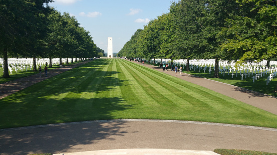 Margaraten, The Netherlands - September 2, 2020: Netherlands American Cemetery and memorial site. Court of Honor and Tablets of the Missing. Summer sunny day